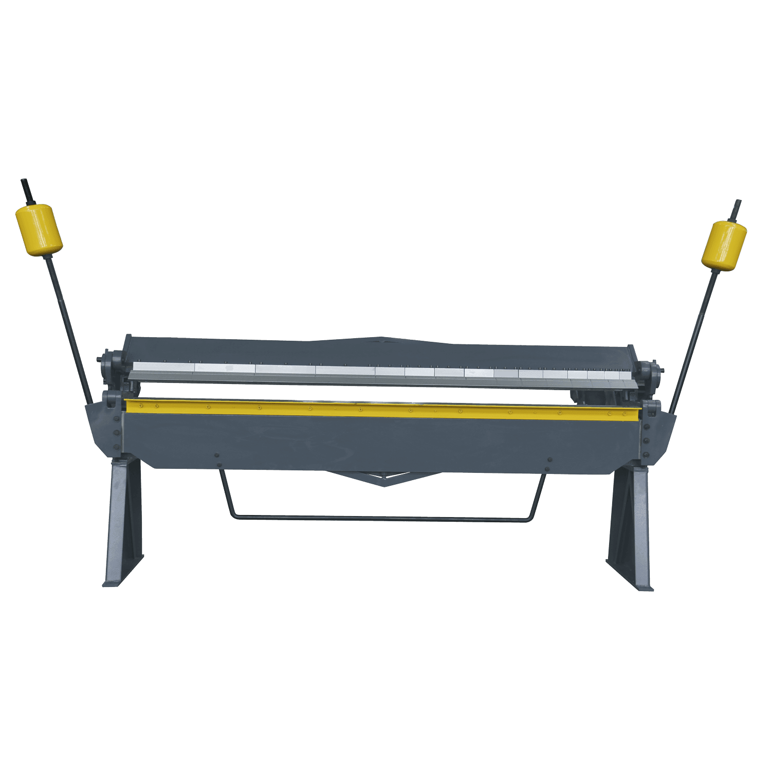 Industrial sheet metal bending machine with yellow accents and two black handles on each side.