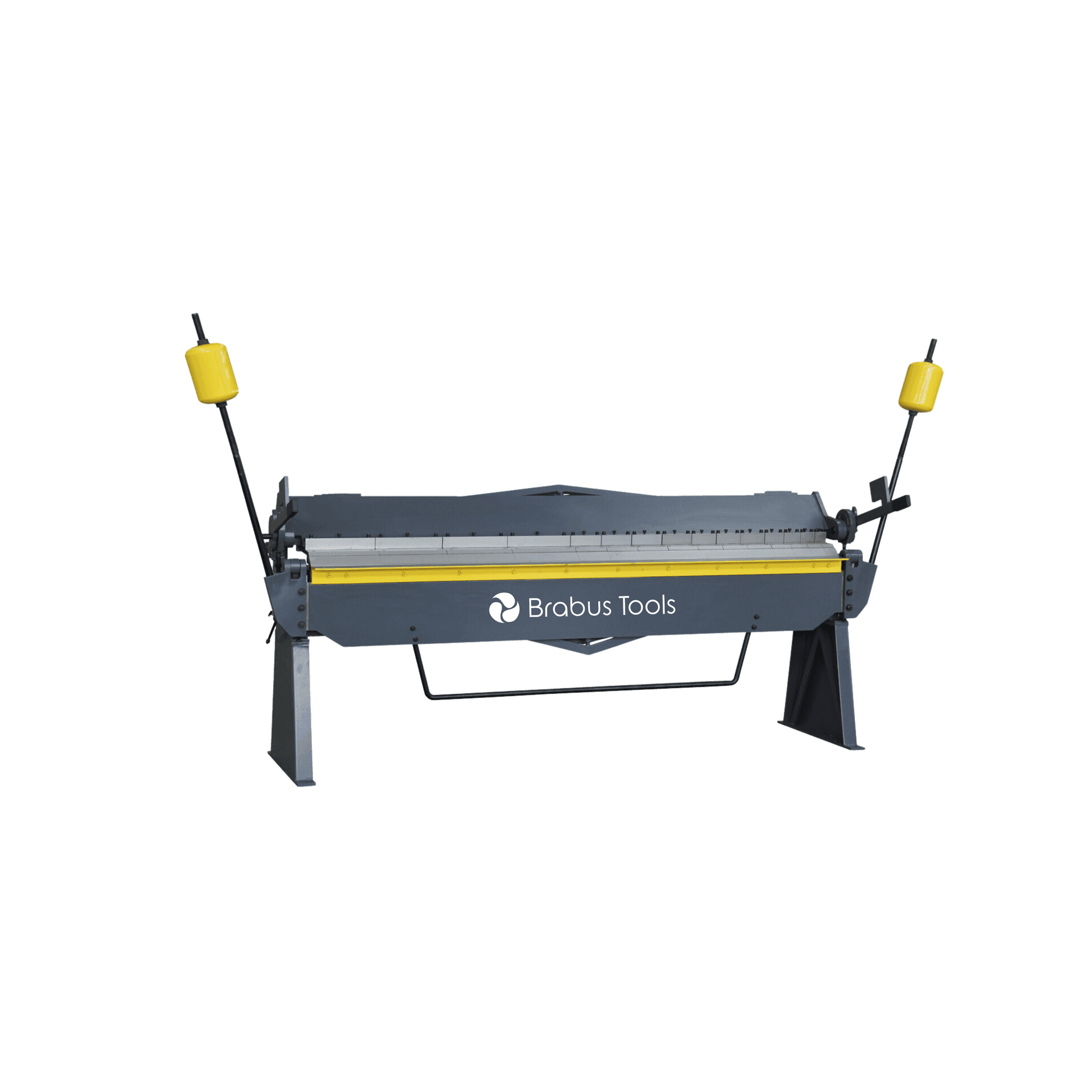 Brabus Tools metal sheet bending machine with yellow handles on a white background.