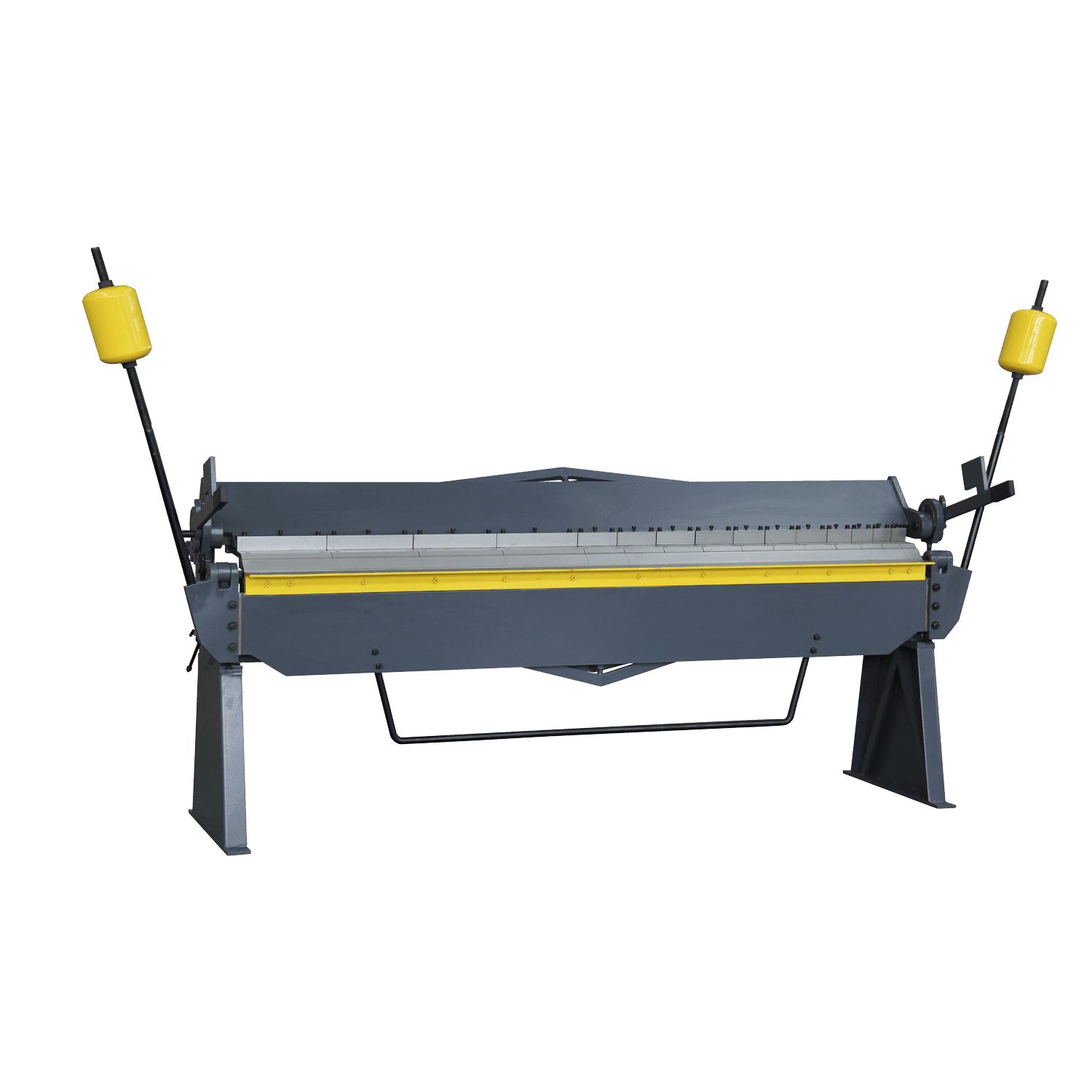 Gray metal bending machine with yellow handles on both sides, used for sheet metal forming.