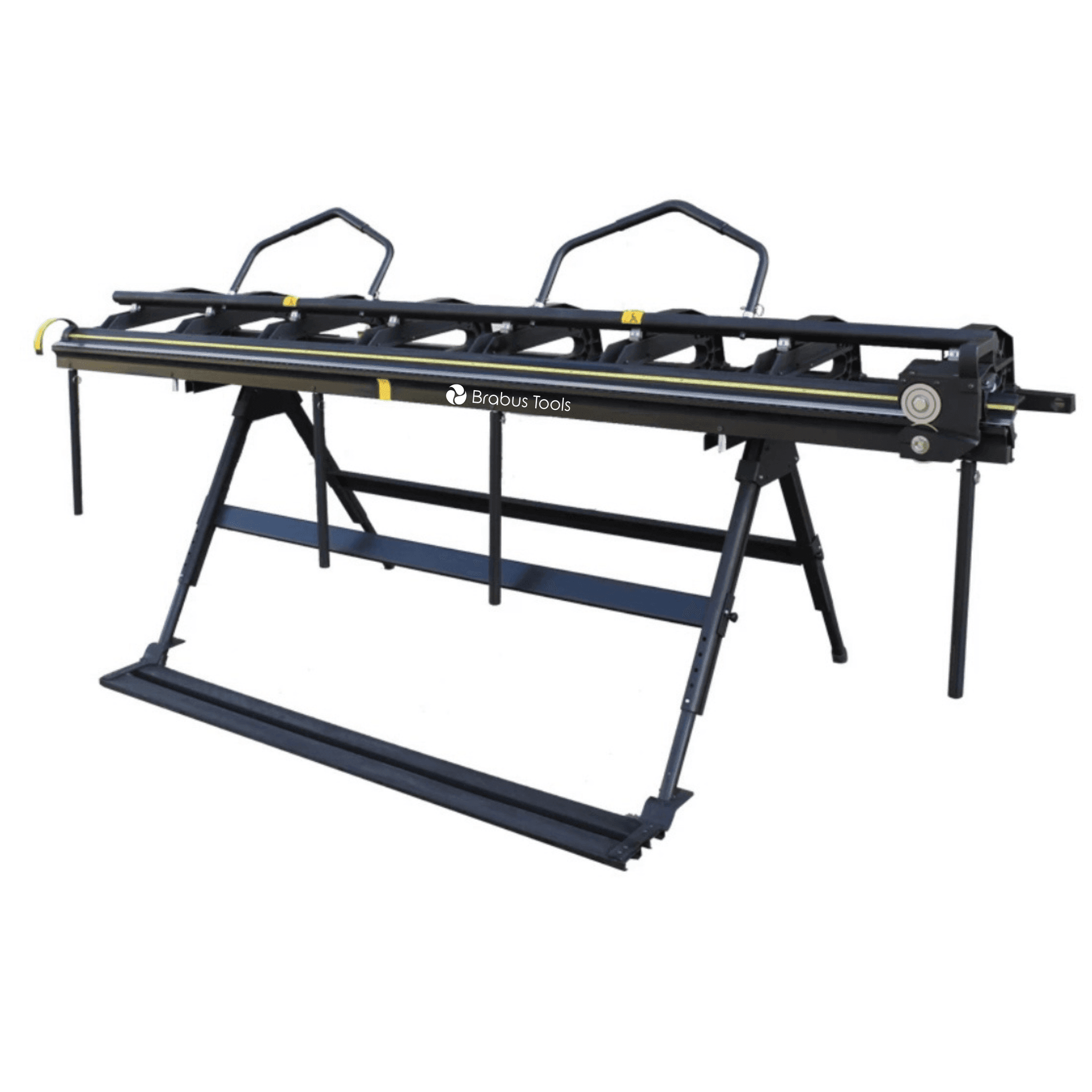 Industrial black metal folding bench saw by Brabus Tools with handles for manual operation.