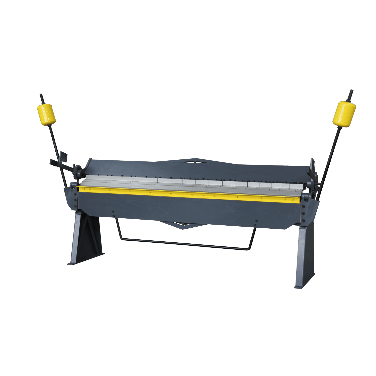 Industrial sheet metal bending machine with a long flat surface and two yellow handles on either side.